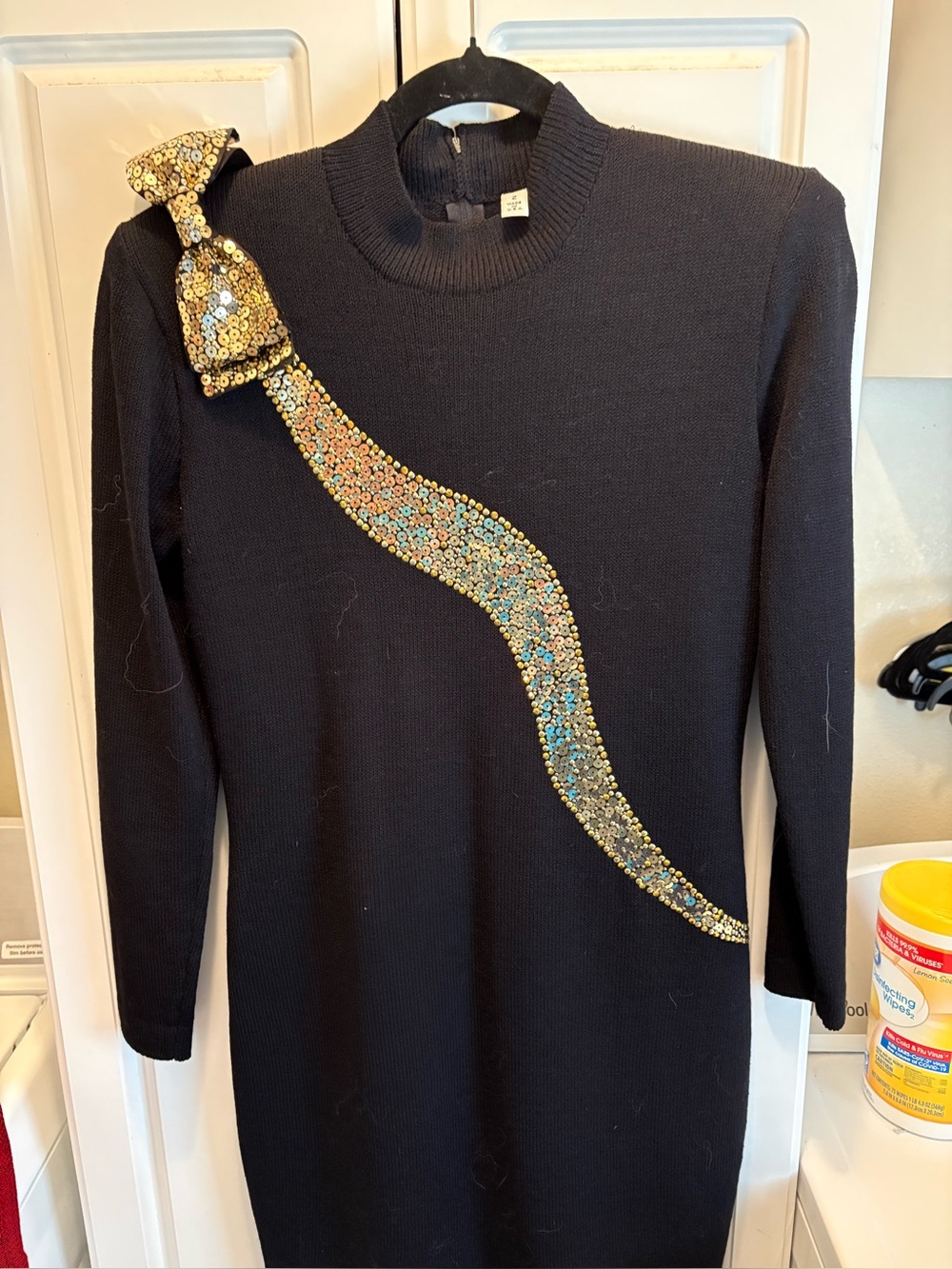 St. John Evening Gold Sequin Black Knit Dress w/ Gold Bow 2 - Long Sleeve, Sash